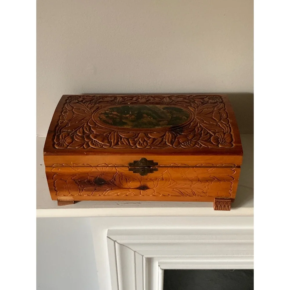 Vintage Hand Carved Wood Jewelry Box Floral‎ Relief Scenic Inset Mirror Footed
